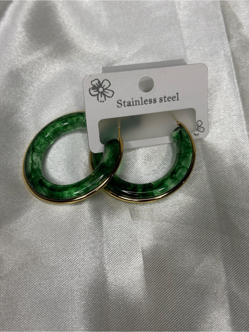 Stainless Steel Gold Plated Green Marbled Hoop Earrings